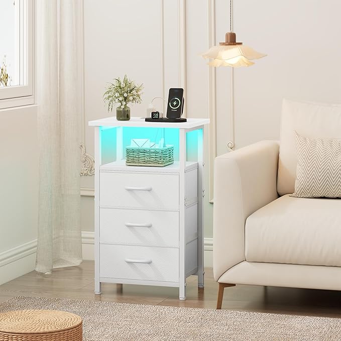 Vagusicc Night stand Set 2 with Charging Station, LED Nightstand for Bedroom, White Bedside Table with 3 Fabric Drawer, End Table Side Table with USB Ports & Outlets, Bed Side Table for Bedroom, White