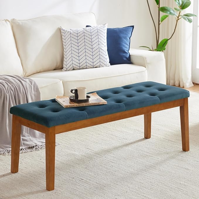 Ottoman Bench Upholstered Padded Seat with Solid Wood Legs and Button-Tufted, Big Oversized Ottoman, Velvet Navy