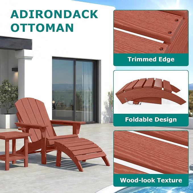 PLUUV Folding Adirondack Ottoman Footrest, All-Weather HDPE Outdoor Footstool for Adirondack Chair, Foldable Ottoman for Patio Backyard Pool Deck, Reddish