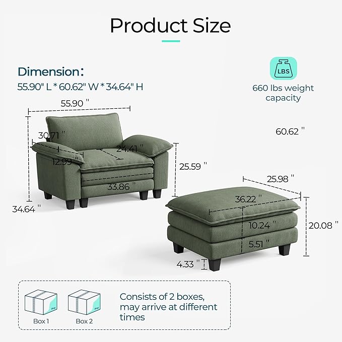 LINSY HOME Cloud Sofa Accent Chair with Ottoman Chaise Lounge Chair Indoor, Corduroy Couch Sofa Chair for Living Room Apartment Bedroom Office, Green