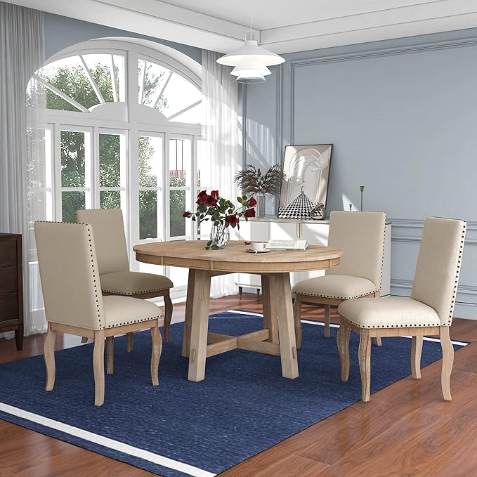 Harper & Bright Designs 5-Piece Farmhouse Dining Table Set Wood Round Extendable Dining Table and 4 Upholstered Dining Chairs (Natural Wood Wash)