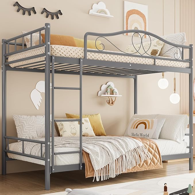 IDEALHOUSE Bunk Bed Twin Over Twin with Ladder & Full Safety Guardrail, Heavy Duty Metal Twin Over Twin Bunk Bed 400 Lbs Capacity, Space-Saving, Noise Free, No Box Spring Needed, Easy Assembly, Grey
