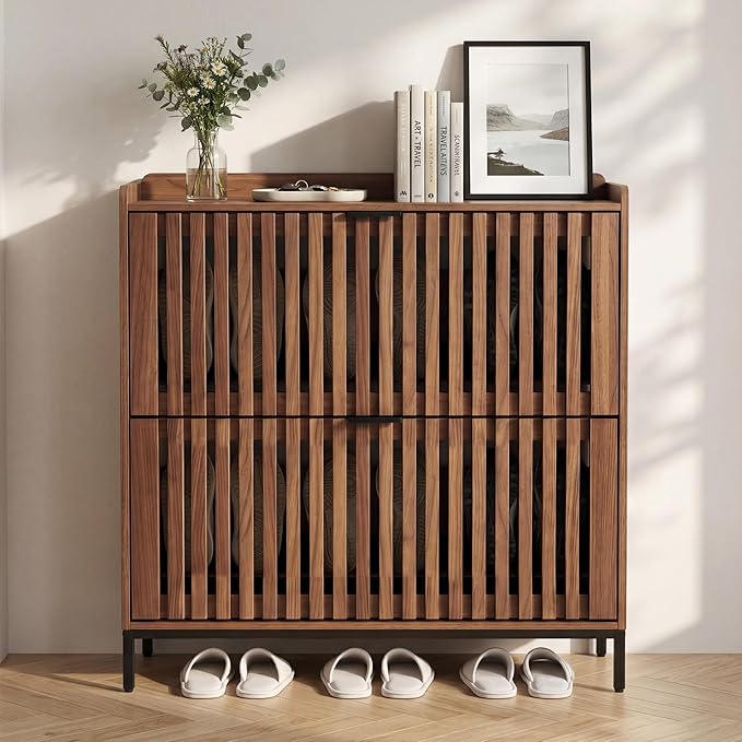 Shoe Cabinet for Entryway, Modern Slim Shoe Storage Cabinet with 2 Flip Drawers, Freestanding Narrow Shoe Rack Organizer with Breathable Slatted Doors & Adjustable Footpads for Hallway & Foyer, Walnut