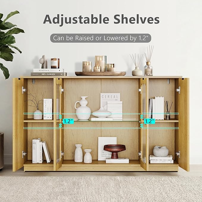 Einhomn 55" Sideboard Fluted Buffet Cabinet with Storage, Glass Doors & Led Lights, Coffee Bar Station with Adjustable Shelves, Modern Wood Cabinet for Kitchen, Living Room, Natural Oak