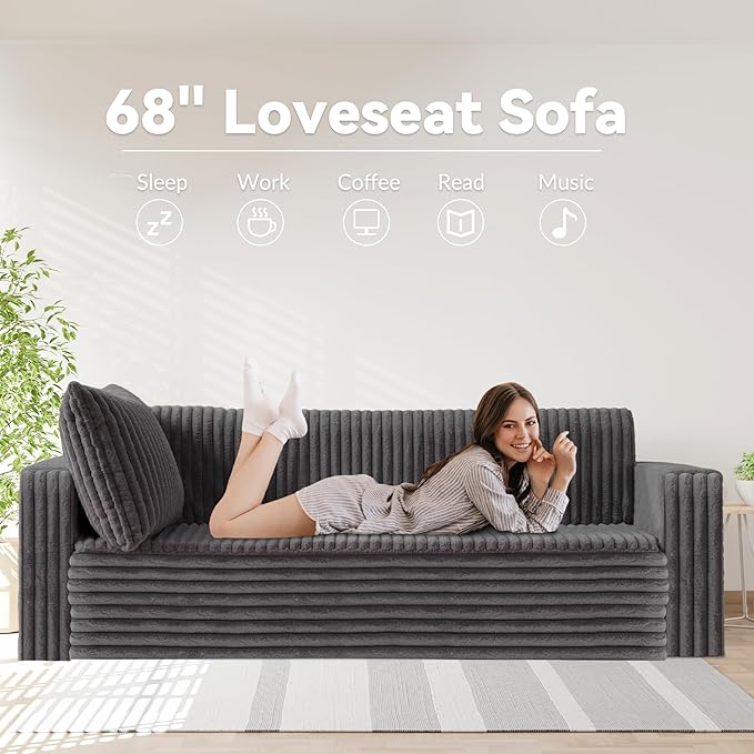 HABUTWAY 68" Loveseat Boneless Couch, 4-in-1 Convertible Sofa Bed, Plush Fur Folding Futon Sofa Bed Couches with 2 Pillows for Living Room, High-Density Foam Support, No Assembly Required, Grey