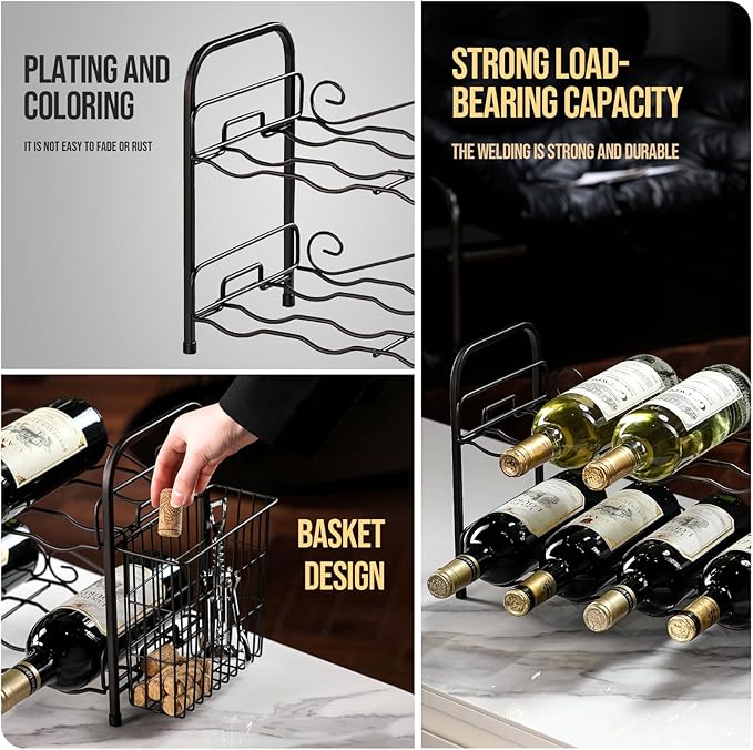 Wine Rack, 2-Tier 8 Bottles Wine Racks with Cork Holder Countertop Cabinet Wine Holder Wine Storage Shelf for Pantry Kitchen Bar Black