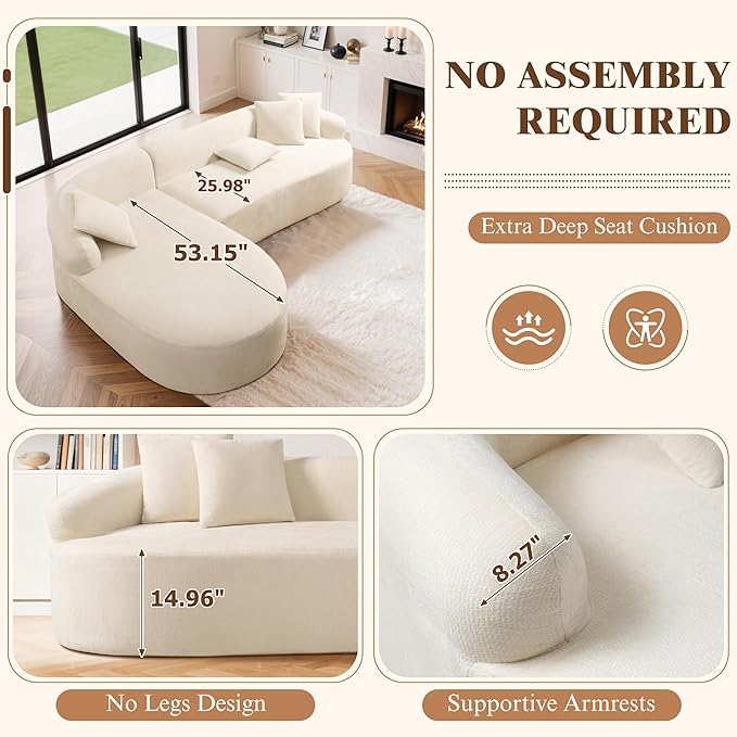 99" Curved Sectional Sofa with Chaise, Modern Boneless Couch with Deep Seat, L Shaped 3-Seater Cloud Couch for Living Room, No Assembly Needed, Chenille (Beige, Left Chaise+Right Sofa)