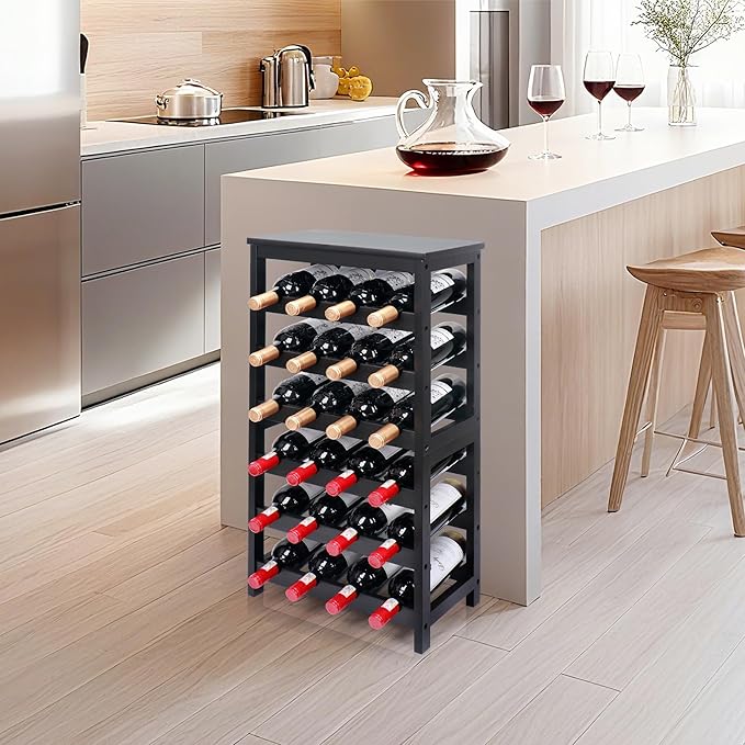 Wine Rack Free Standing Floor, 6-Tier 24 Bottles Display Wine Storage Shelves with Table Top, Easy-Assembly Freestanding Bamboo Wine Racks for Kitchen Dining Room Bar, Black