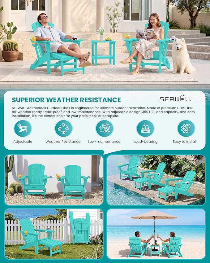 SERWALL Folding Adjustable Adirondack Chair with Footrest, HDPE Outdoor Chair with Dual Cup Holders, All Weather Adirondack Chair with Ottoman, Aruba