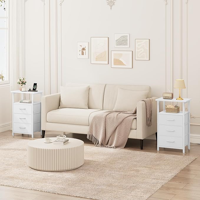 Vagusicc Nightstand with Charging Station, White Bedside Table with USB Ports and Outlet, End Table Side Table with 3 Fabric Drawers and Storage Shelf, Bed Side Table Night Stand for Bedroom, White