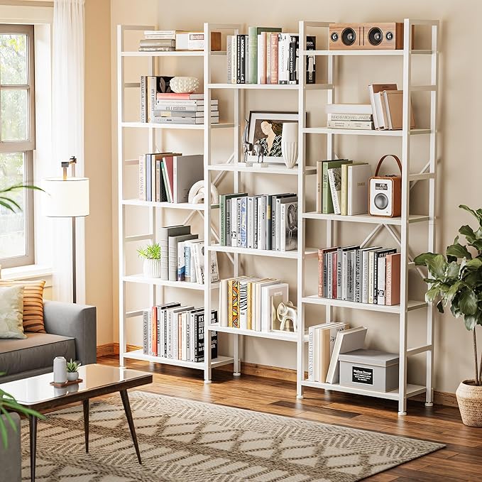 SUPERJARE Triple Bookshelf, Bookcase with 14 Open Display Shelves, Wide Book Shelf Book Case for Home & Office, 5 Tier, White