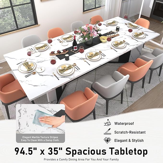 Hlivelood 94Inch Large Dining Table for 8 10 People,Wooden Rectangular Kitchen Table W/Waterproof Tabletop,Large Rectangle Furniture W/Adjustable Legs,White Dinner Table for Kitchen Dining Room(94IN)