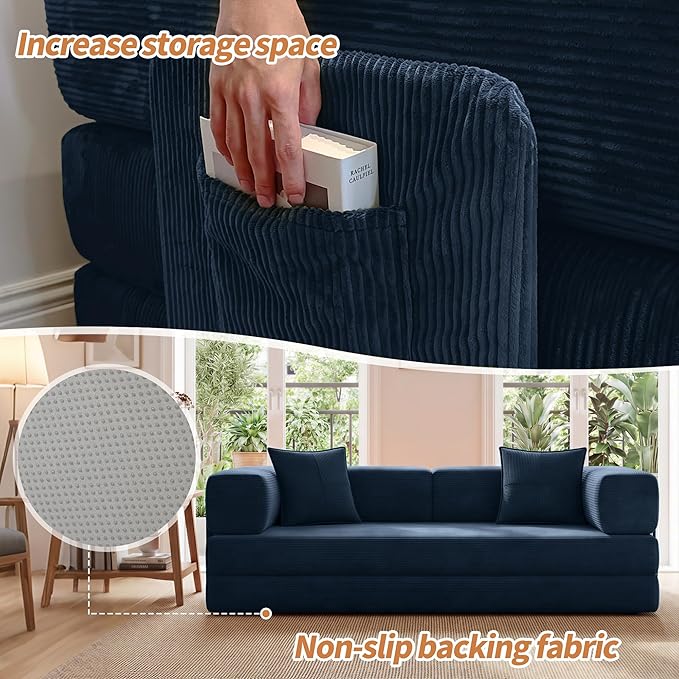 78.8" Convertible Sofa Bed with Armrest Pillow, 4-in-1 Sleeper Couch Bed for Livingroom, Modular Corduroy Boneless couches, No Assembly (Blue)