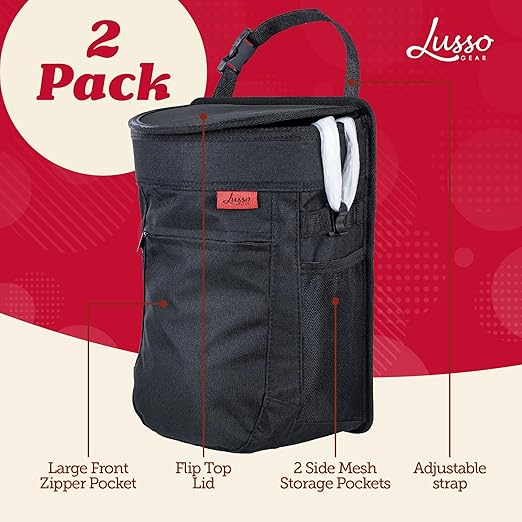 Lusso Gear Spill-Proof Car Trash Can (2.5 Gal, 2 Pack) - Easy to Clean Hanging Garbage Bin - Leak-Proof Lid, Removable Liner, Waterproof - Keeps Truck, SUV, Car, Minivan Clean & Odor Free (Black)