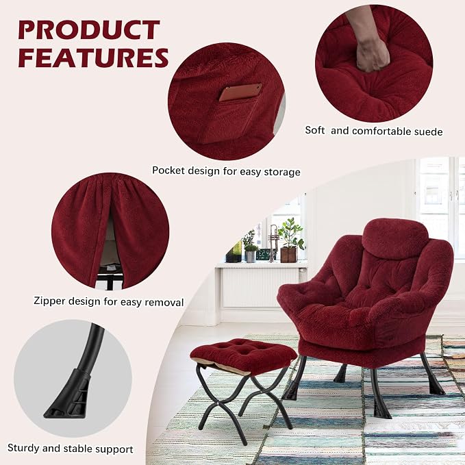 Lazy Chair with Folding Ottoman,Leisure Sofa Chair,Soft Fabric Armchair with Armrests and Side Pockets, Reading Chair with Footrest for Living Room, Bedroom, Office (Plush Red)