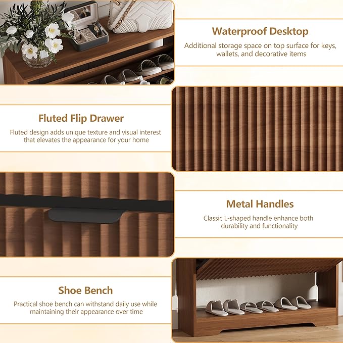HUANLEGO Shoe Cabinet Storage for Entryway with 2 Flip Drawers, Walnut Fluted Shoe Cabinet with Open Storage, Wooden Hidden Shoe Rack Freestanding Narrow Slim Shoes Organizer for Hallway, Entrance
