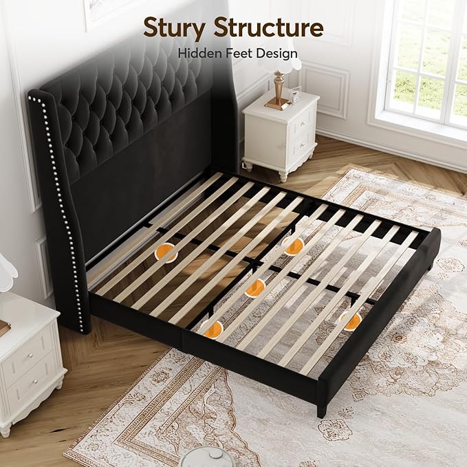 Queen Bed Frame with 55" Tall Headboard, Upholstered Black Bed Frame Queen, Soft Fabric, Button Tufted Headboard with Windback, Platform Bed, Noise-Free, No Box Spring Needed