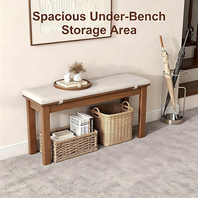 CycleCrew 39.4" Solid Wood Dining Bench with Removable Cushion - Mid-Century Modern Entryway Bench, Extra Height Upholstered Bench for Dining Table, End of Bed, Living Room