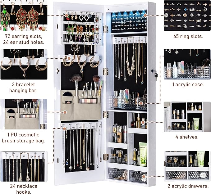 Tektalk Jewelry Cabinet with 3 Groove Mirror Lamps, Full Length Mirror, Wall/Door Mounted Jewelry Armoire Organizer with 3 Color Outside LED Lights & Interior 6 LEDs Light - White