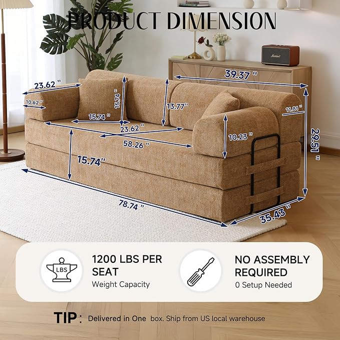 78.8" Convertible Sofa Bed with Removable Arm & 2 Pillows, 6-in-1 Corduroy Boneless Couch for Living Room, High-Density Sponge Sectional Couches, Sleeper Bed Loveseat, No Assembly, Ochre