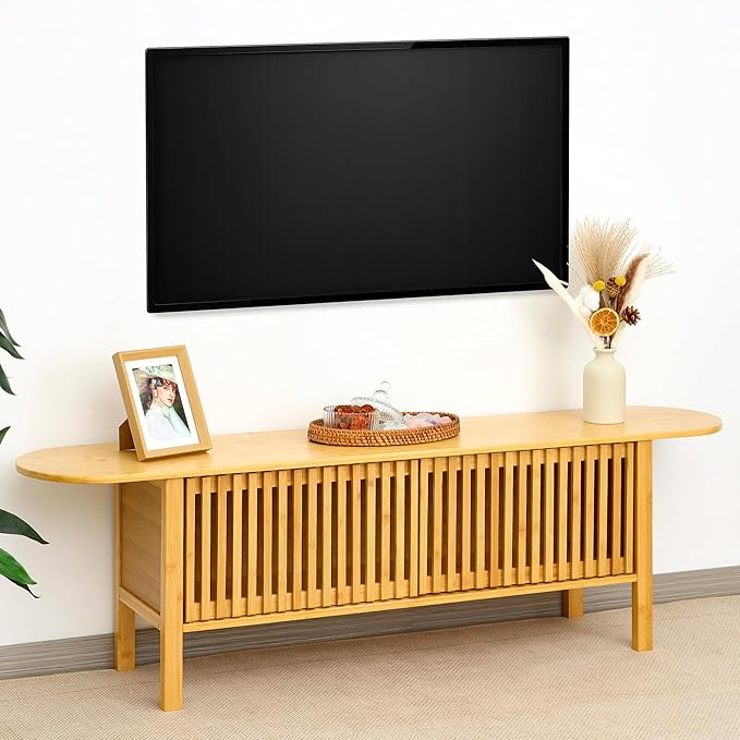 Bamboo TV Stand for TVs up to 65", Accent Entertainment Center with Storage, Media Console Table with Fence Door, Modern TV Stand for Living Room, Bedroom, 55"(L), Burlywood