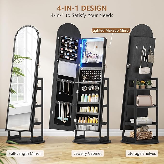 HWB Black Mirror Jewelry Cabinet with Storage, Arched Jewelry Armoire w/Full Length Mirror & 360° Swivel, Standing Jewelry Holder Organizer with Rear Storage Shelves & Hooks, Lockable