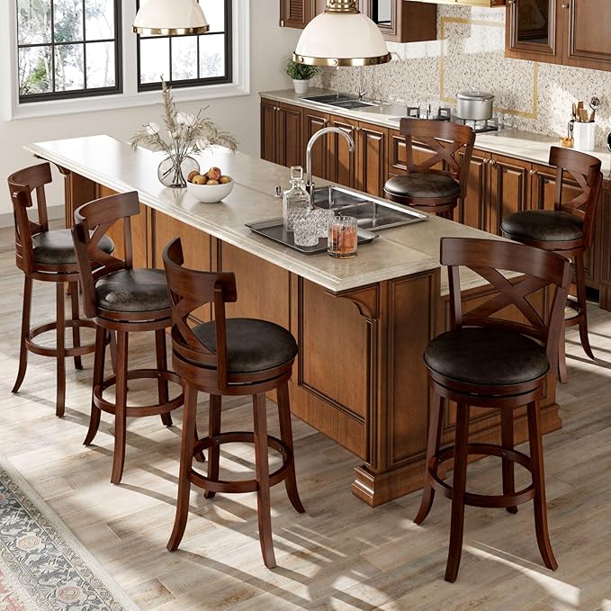 Sophia & William Swivel Bar Stools Set of 6, 26 Inch Counter Height Barstools with Cross Back & Solid Wood Legs,Modern Faux Leather Bar Chairs for Kitchen Island