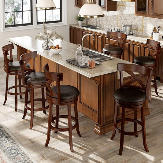 Sophia & William Swivel Bar Stools Set of 6, 26 Inch Counter Height Barstools with Cross Back & Solid Wood Legs,Modern Faux Leather Bar Chairs for Kitchen Island