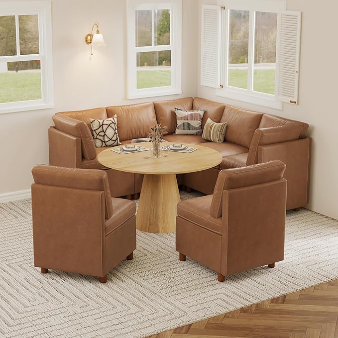 SITJOY Breakfast Nook Bench with Storage, Modular Corner Kitchen Banquette Seating, Dining Settee Couch, Upholstered Dining Bench with Back, Pet-Friendly Faux Leather in Brown, 7-Seat L Shaped Booth