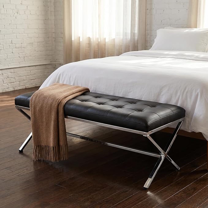 DUOMAY Modern Tufted Ottoman Bench, PU Leather Upholstered Dining Bench, Button Tufted Footrest Stool Vanity Seat with with X Metal Legs, 45.75" W x 16.5" D x 19.25" H, Black