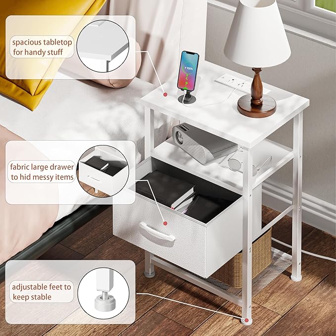 LAKEMID Nightstands Set of 2 with Charging Station and Drawer, End Table Bedside Table with 20 Colors LED Light Strip and 2 Layers Shelf for Bedroom Living Room Sofa Couch (White)