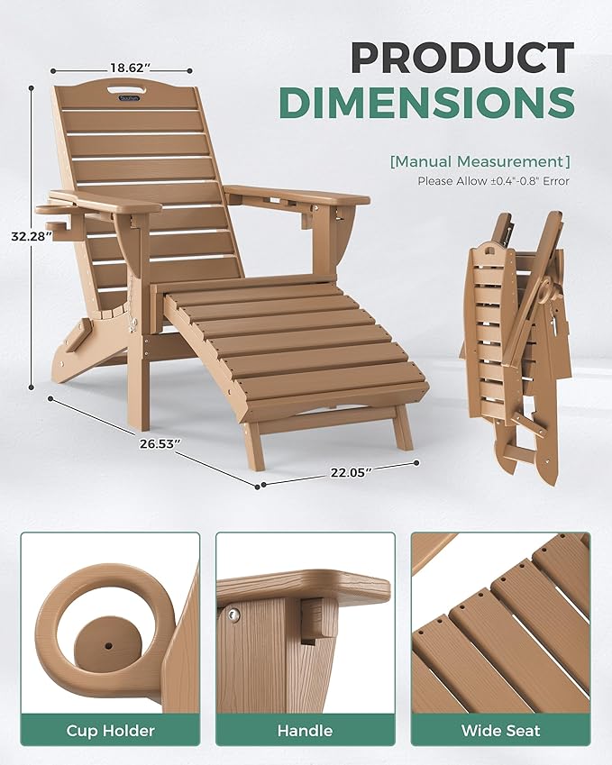 Adjustable Adirondack Chairs Set of 4 with Retractable Ottoman, HDPE Folding Adirondack Chair with Cup Holders, Weather Resistant for Backyard, Poolside & Fire Pit (Teak)