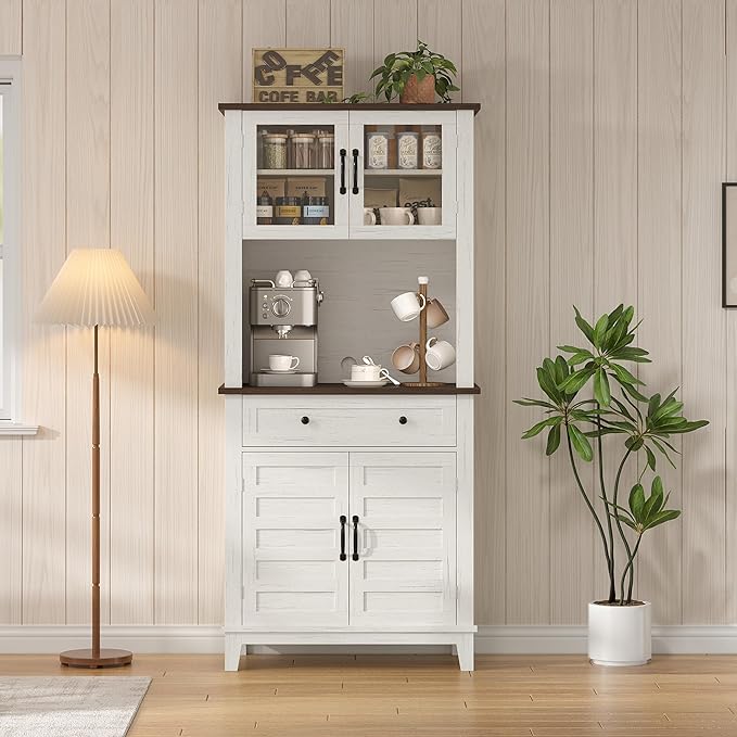 IDEALHOUSE Farmhouse Coffee Bar Cabinet with 2 Glass Doors, 72'' Black Bar Cabinet with 1 Drawer, Tall Wine Bar with Metal Handle, Coffee Bar Hutch with Storage for Living Room (Light White)