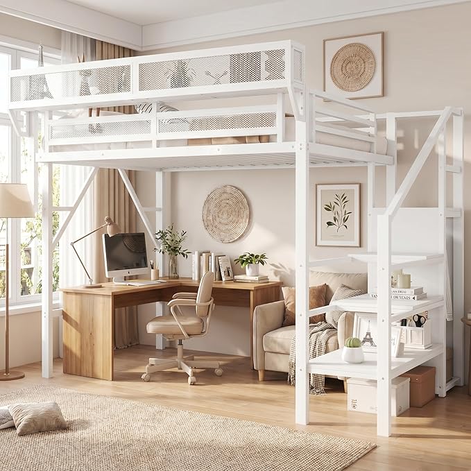 Mirightone Twin Size Loft Bed with Stairs and Storage, Metal Loft Bed Frame with A Shelf and Large Under-Bed Space, Heavy-Duty Loft Beds for Kids Boys Girls Teens, White