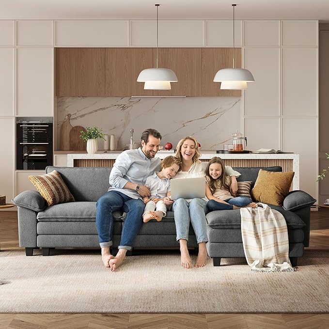 LINSY HOME 157" Modular U-Shaped Sectional Sofa, 4-Seat Corduroy Modern Cloud Couch with Deep Seat & 2 Movable Ottoman, Perfect for Living Room, Office, Bedroom, Grey