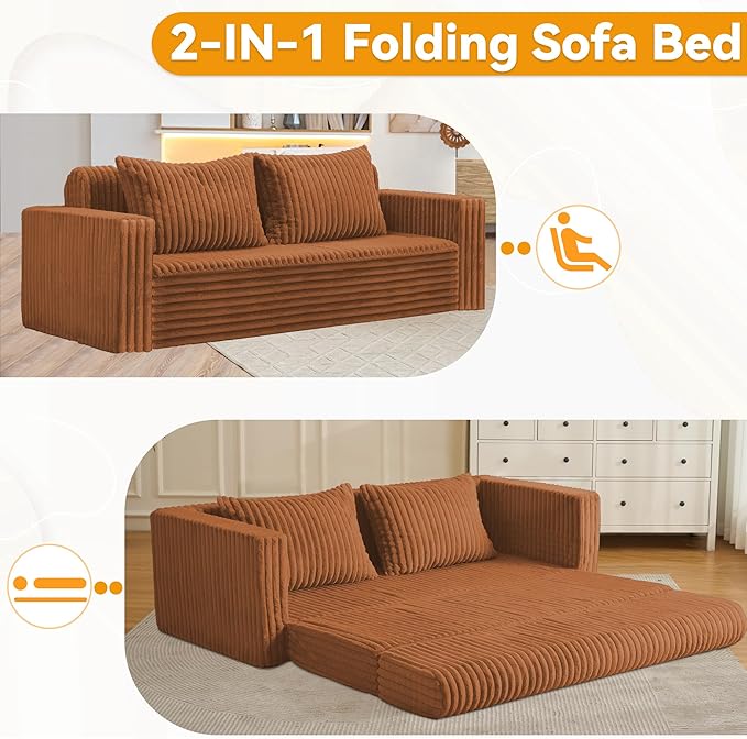 HABUTWAY 68" Loveseat Boneless Couch, 4-in-1 Convertible Sofa Bed, Plush Fur Folding Futon Sofa Bed Couches with 2 Pillows for Living Room, High-Density Foam Support, No Assembly Required, Orange