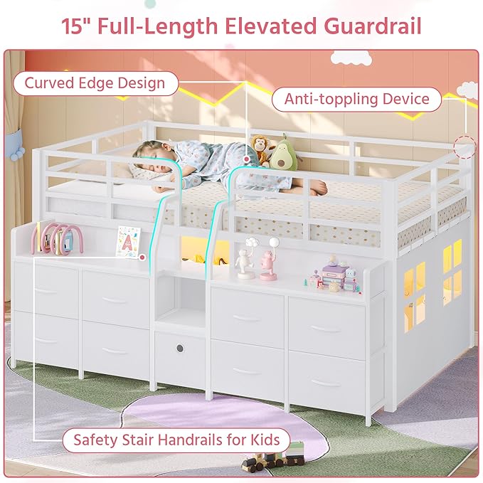 Dnxao Low Loft Bed Twin with 9 Drawers 2 Storage Bookcases,Twin Bed Frame for Kids with LED Lights and Charging Station,Twin Loft Bed with 15" H Safety Guardrail for Small Bedroom,White
