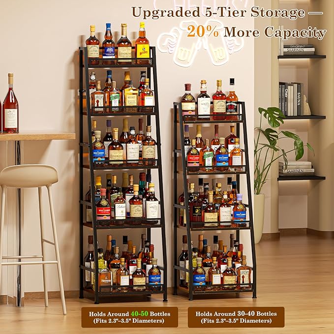 5-Tier Trapezoid Liquor Stand for Home Bar, Large-Capacity Liquor Cabinet Bar for Home, Stepped Wine Rack Freestanding Floor for Whiskey, Corner Wine Bottle Display Shelf with Fences for Living Room