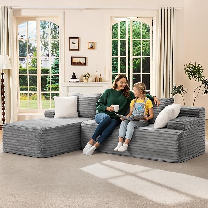 Hobestluk Modular Sectional Sofa Boneless Couch L-Shape Couch 3 Seat Modular Couch Memory Foam Sectional Couches for Living Room Furniture, Cloud Couch with Chaise Lounge (96" Left Facing Chaise)