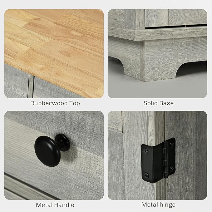 HOMCOM Sideboard Buffet Cabinet with Solid Wood Countertop, Modern Kitchen Storage Cabinet, Coffee Bar Cabinet with 3 Drawers, Doors and Adjustable Shelf, Distressed Light Gray