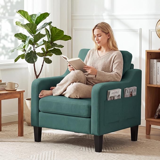 Accent Chair for Living Room, Mid-Century Upholstered Armchair with Foldable Table & 2 Side Pockets, Modern Linen Wooden Sofa Chair for Bedroom & Reading Room, Green