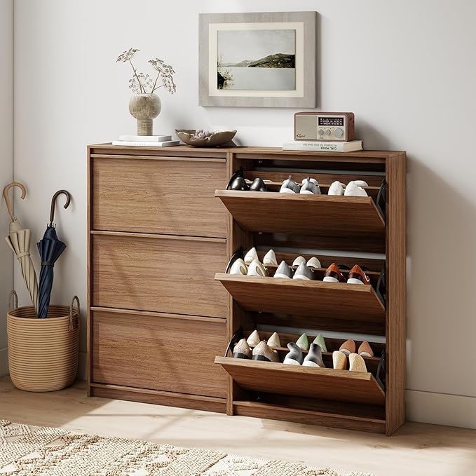 Shoe Cabinet with 3 Flip Drawers, 23.62" W Narrow Shoe Storage Cabinet for Entryway, Slim Shoe Organizer with Adjustable Shelves, Freestanding Shoe Rack for Hallway, Living Room, Walnut