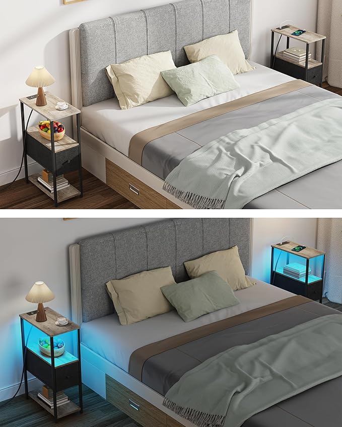 TUTOTAK Small Narrow LED End Table with Charging Station, Side Table Outlets, Nightstand with Cloth Drawer, Set of 2, Couch Table, for Living Room, Bedroom, Bedside, Greige TB01BG059