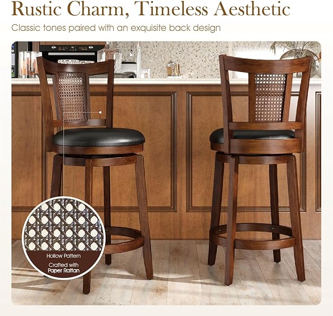 Sophia & William Swivel Counter Height Bar Stools Set of 6, 26 Inch Faux Leather Barstools with Backrest & Solid Wood Legs, Brown Kitchen Counter Stools