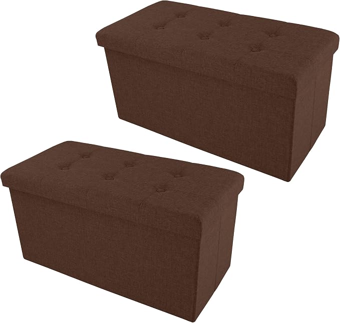 Lavish Home Folding Storage Ottoman - Set of 2 30-Inch Tufted Footrest, Linen Chest, or Bench with Removable Bin for Living Room, Bedroom, or Dorm (Brown)