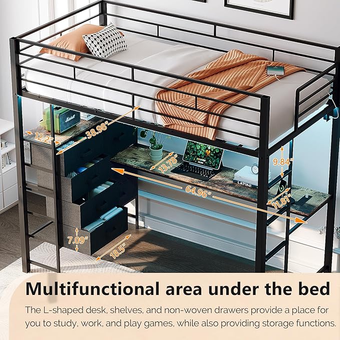 VINGLI Full Loft Bed 15 Inch Extra Tall Safety Guardrail, 7 Drawers Dresser, and Flat Rungs, LED High Double Sleeper with 2 Charging Stations,and Desk, Heavy Duty Space Saving Bed, Black