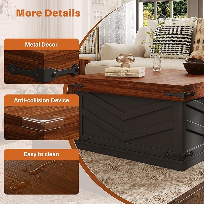 UNIQUITE 31.5'' Lift Top Coffee Table, Sliding Top Square Center Table with Large Hidden Storage Organizer, Multi-Functional Farmhouse Coffee Tables for Living Room, Bedroom, Home Office, Black