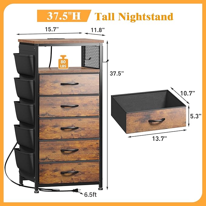 EnHomee Nightstands Set of 2 with 5 Drawers, Dresser with Charging Station and LED Light, Tall Nightstand with Extra Side Bag & Hooks, Bedroom, Closet, Hallway, Entryway, Rustic Brown