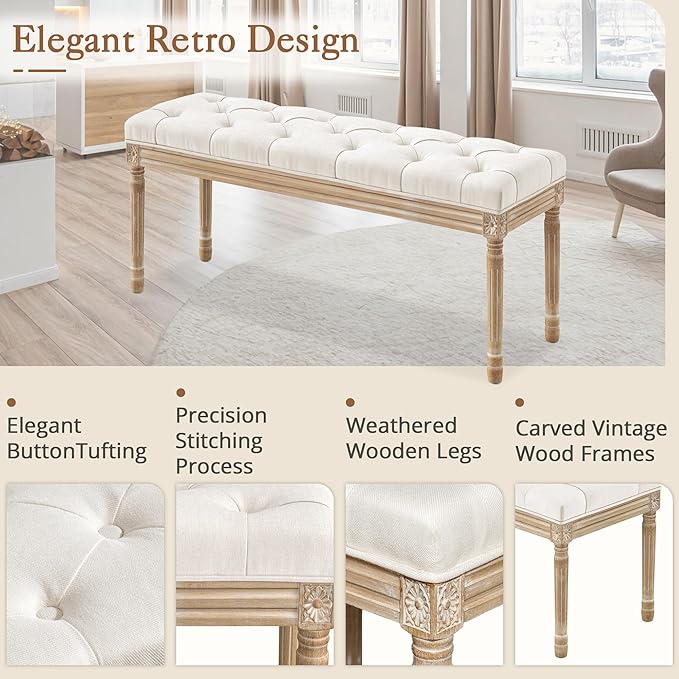 LUE BONA 44" Bedroom Bench, Fabric End of Bed Bench, Upholstered French Tufted Ottoman Bench with Carved Wood Legs for Bedroom End of Double Full Queen Size Bed, Living Room, Beige