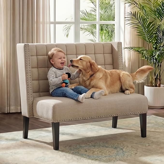 Andeworld Modern Loveseat Settee Bench Sofa Upholstered Banquette Couch for Dining Living Room Hallway or Entryway Seating Funiture with Wooden Legs,Putty